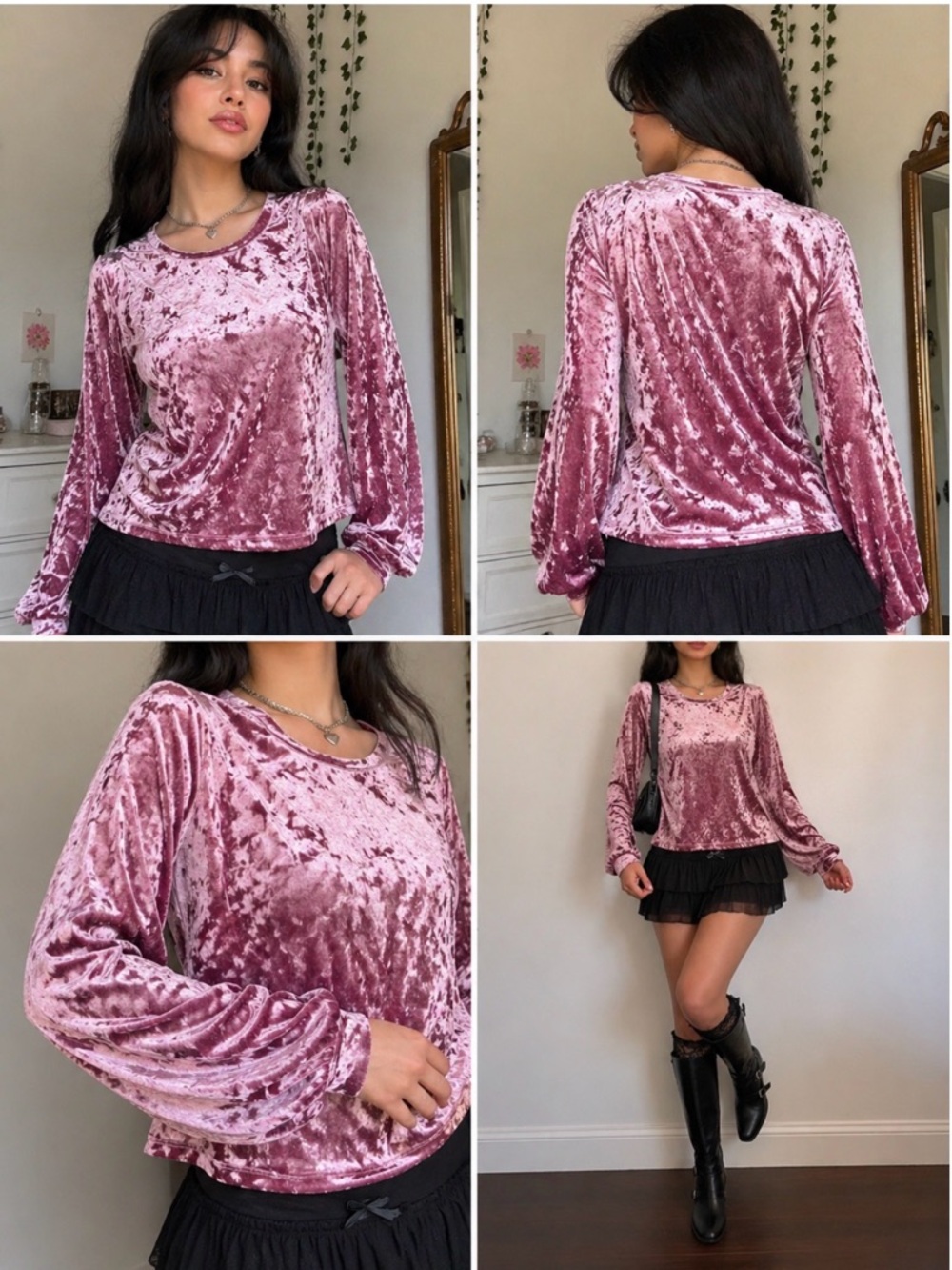 Pink Crushed Velvet Long Sleeve Top Soft Grunge Coquette 90s Y2K Stretch Blouse